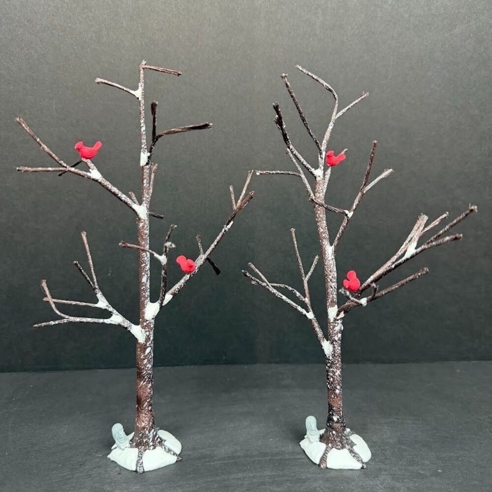 Department 56 Village Frosted Bare Branch Tree Birds/Squirrel Set of 2 #5241-8